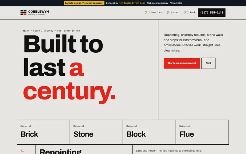 Desktop view of the Cobblewyn Masonry & Chimney sample homepage (fictional business)