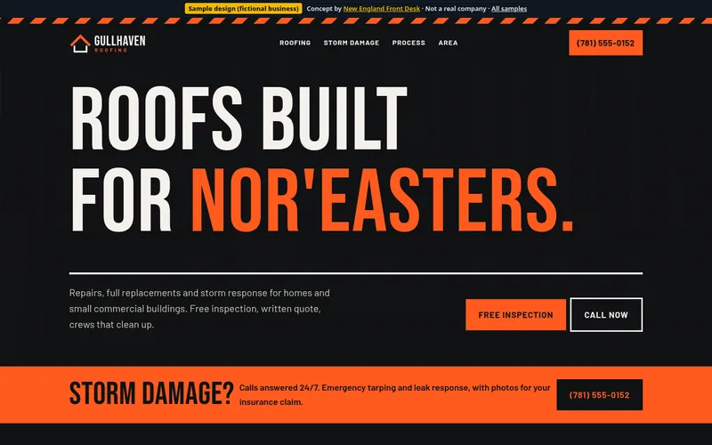Desktop view of the Gullhaven Roofing sample homepage (fictional business)