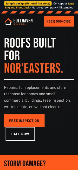Mobile view of the Gullhaven Roofing sample homepage (fictional business)
