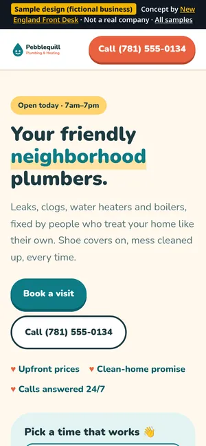 Mobile view of the Pebblequill Plumbing & Heating sample homepage (fictional business)