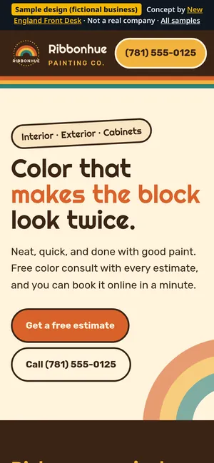 Mobile view of the Ribbonhue Painting Co. sample homepage (fictional business)