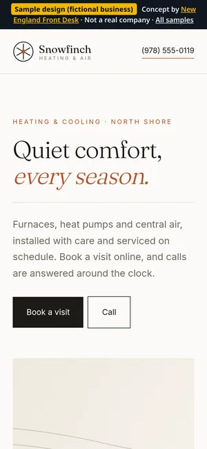 Mobile view of the Snowfinch Heating & Air sample homepage (fictional business)