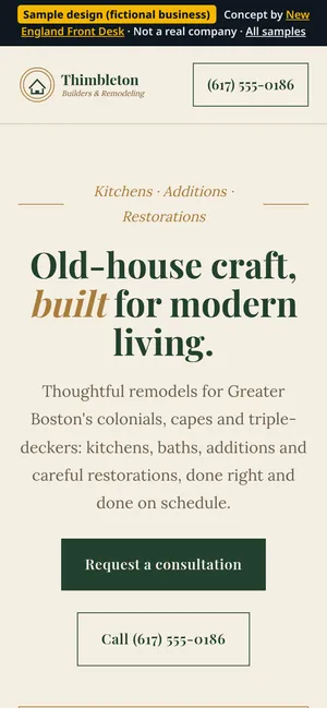 Mobile view of the Thimbleton Builders & Remodeling sample homepage (fictional business)